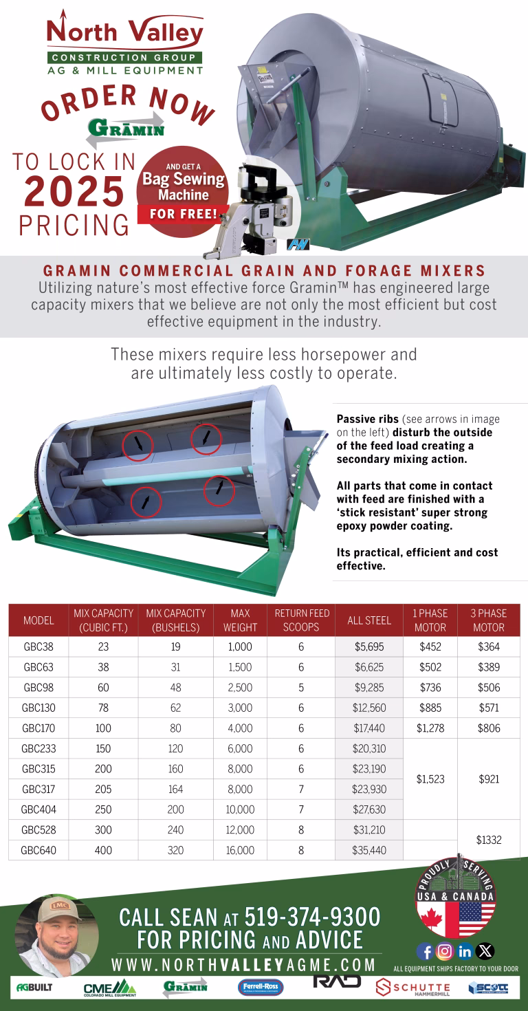 GRAMIN Grain Mixers - Lock in 2025 Pricing and get a FREE American Newlong Bag Sewing Machine. Now on Until December 31, 2025